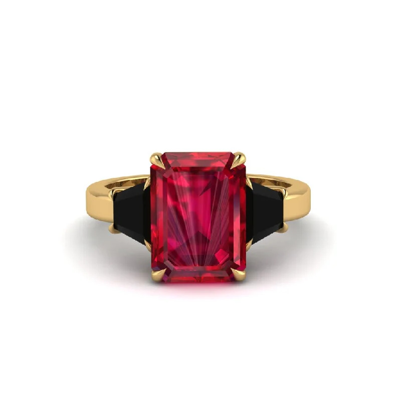 women's engagement rings with platinum setting -Ruby Emerald Cut Three Stone Ring With Custom Baguette - Yvette No. 40