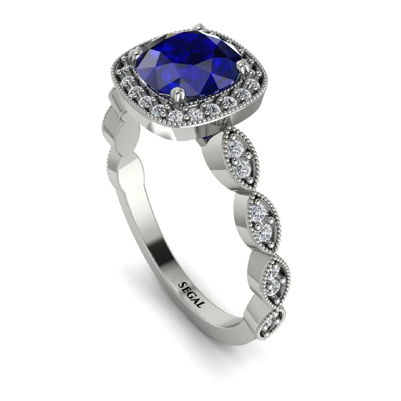 women's engagement rings with tapered baguette -Vintage Inspired Sapphire Halo Ring - Frances No. 15