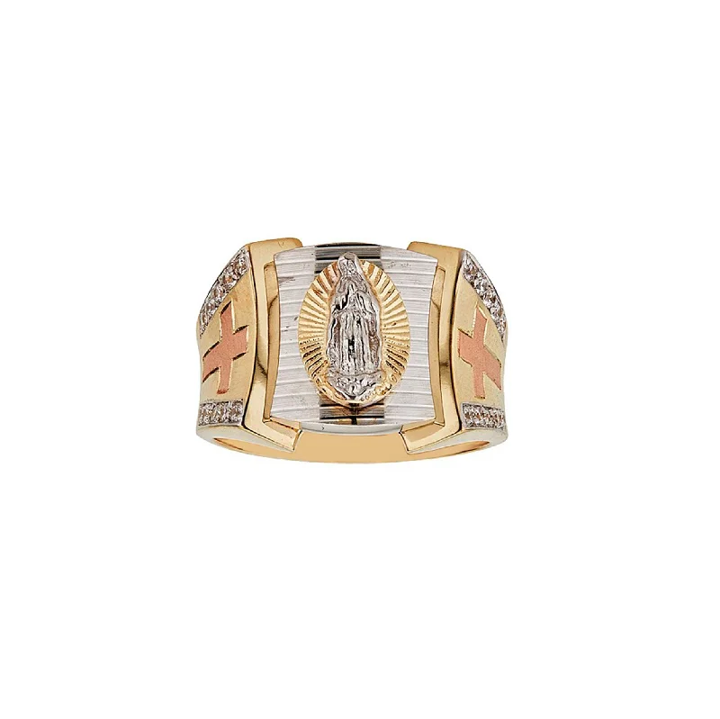 women's rings with stacking design -Tri-Color Virgin Mary Mens Ring (14K)