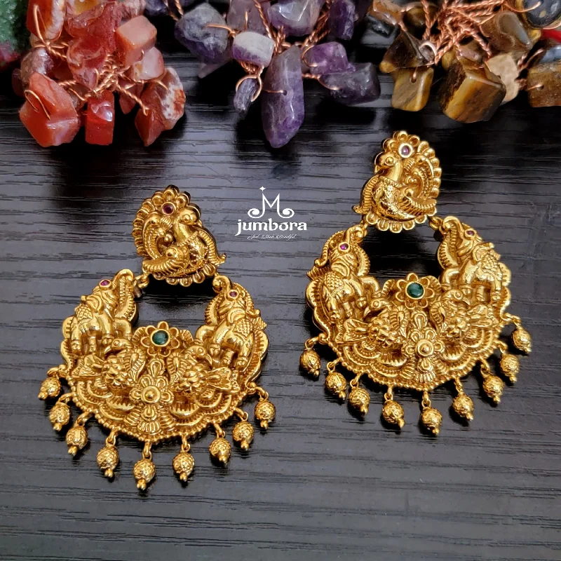 women's earrings with chandelier design -Nakshi Peacock Gold Alike Earrings in Temple Jewelry