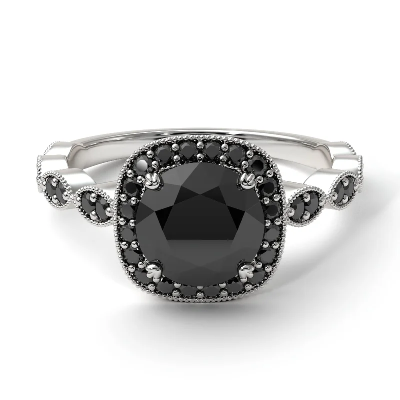 women's engagement rings with bold solitaire -Vintage Inspired Black Diamond Halo Ring - Frances No. 39