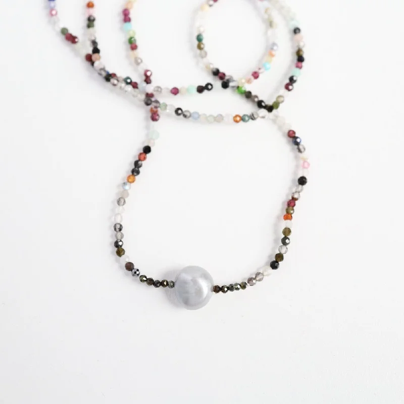 women's necklaces with diamond pendant -Faceted Multi Stone with Grey Pearl Necklace