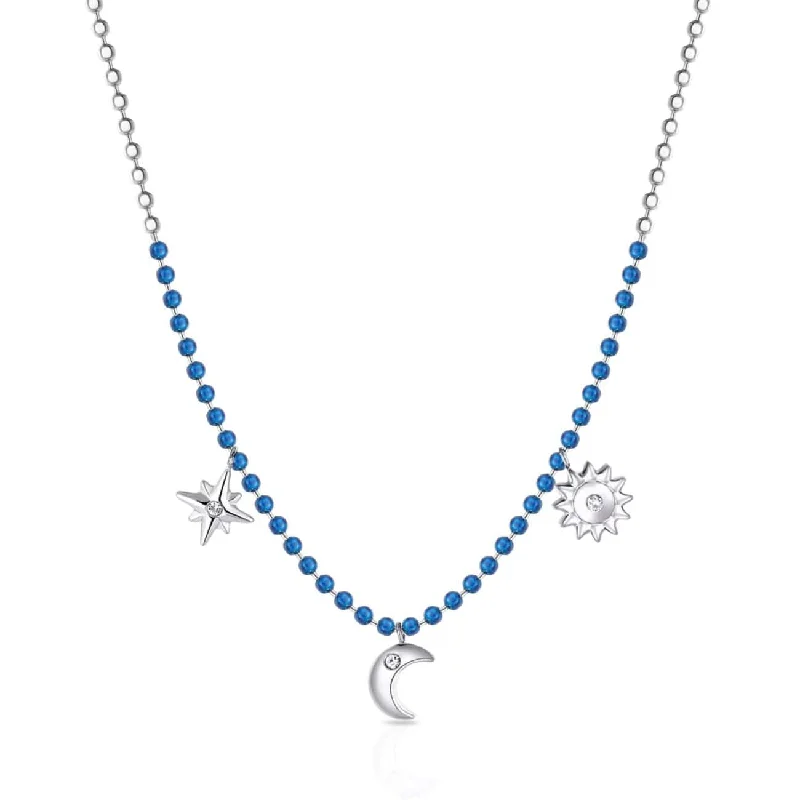 women's necklaces with pearl -Stainless Steel Necklace with Blue Enamel and Charms