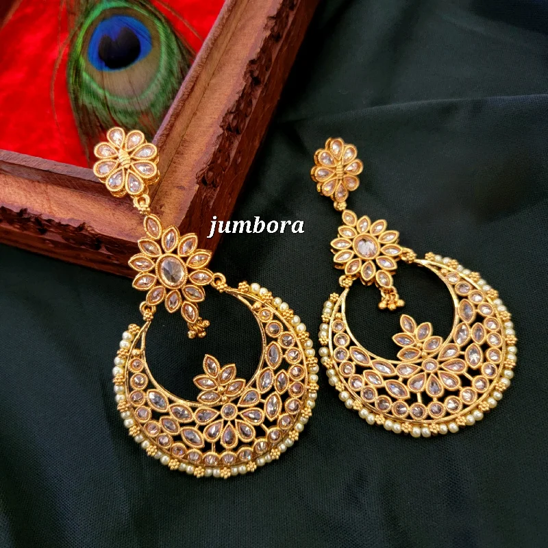 women's earrings with twisted rope design -Statement Big Polki LCD Champagne Stone Chandbali Earrings