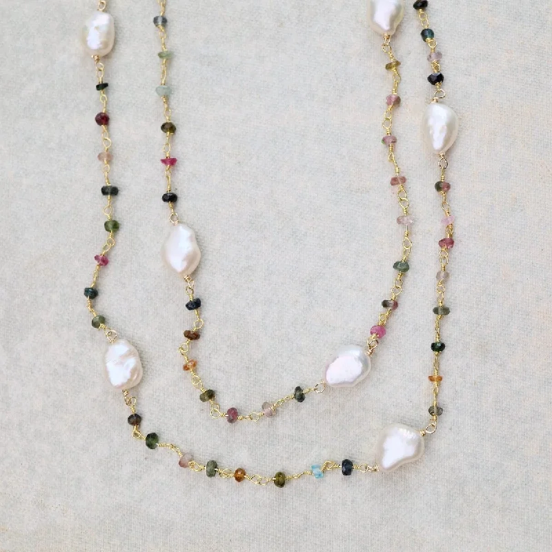 women's necklaces with statement pendant -White Pearl &  Tourmaline Necklace