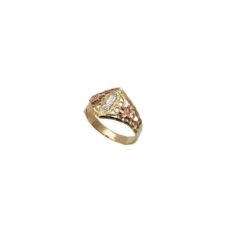 women's rings with sparkling diamond -Tricolor Floral Accent Virgin Mary Ring (14K)