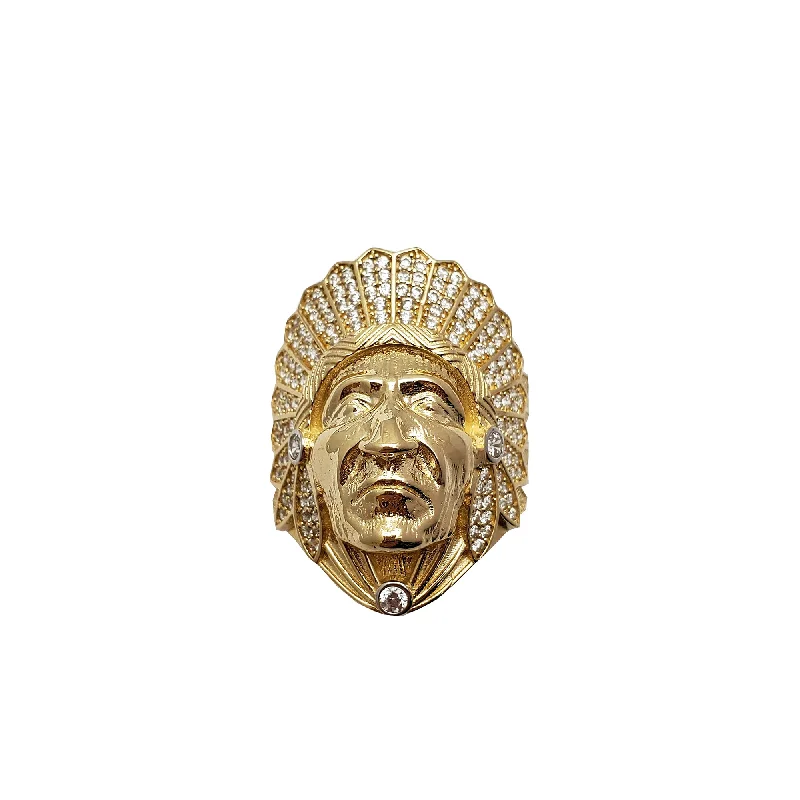 women's rings with unique pattern -Iced-Out Indian Chief Head Ring (14K)