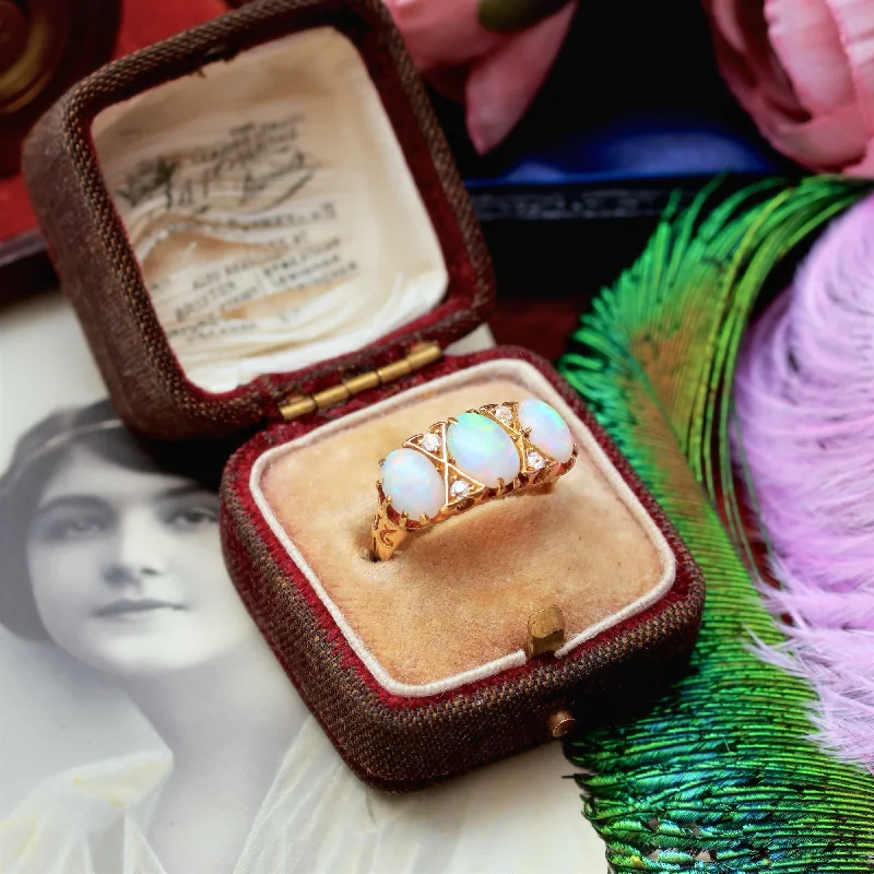 women's engagement rings with filigree band -Late Victorian Opal & Diamond Dress Ring