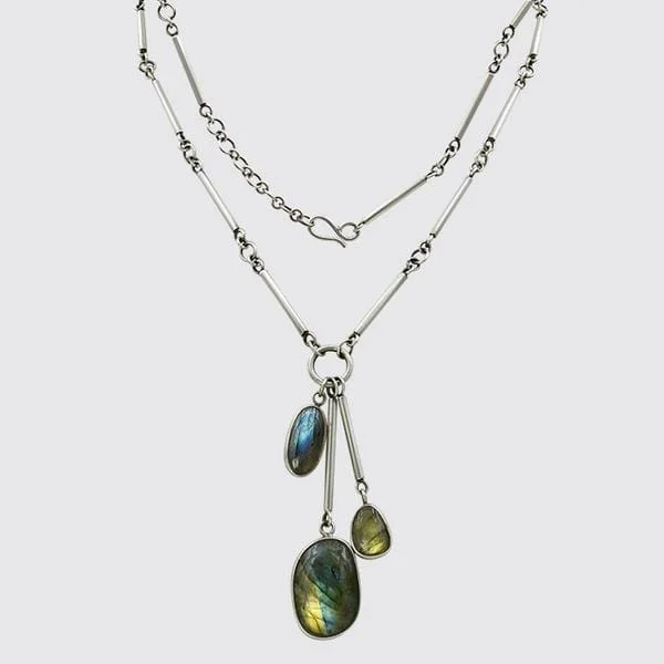 women's necklaces with pearl cluster -Labradorite Bar Chain With Stone Charms Necklace