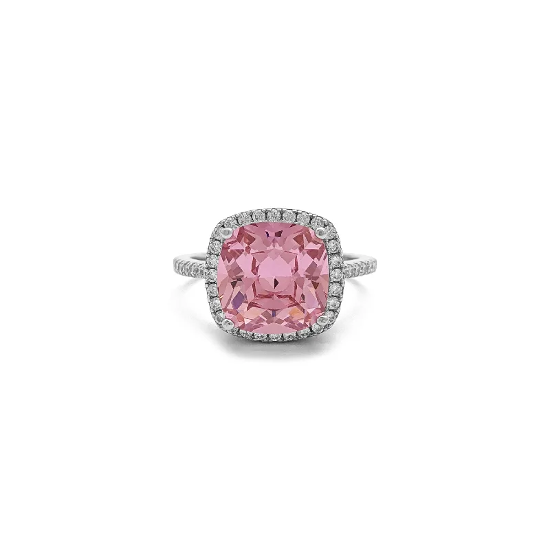 women's rings with multi-stone setting -Pink Cushion Cut Halo Ring (Silver)