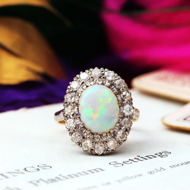 women's engagement rings with black gold band -Vintage Glamour! Opal & Diamond Cluster Cocktail Ring