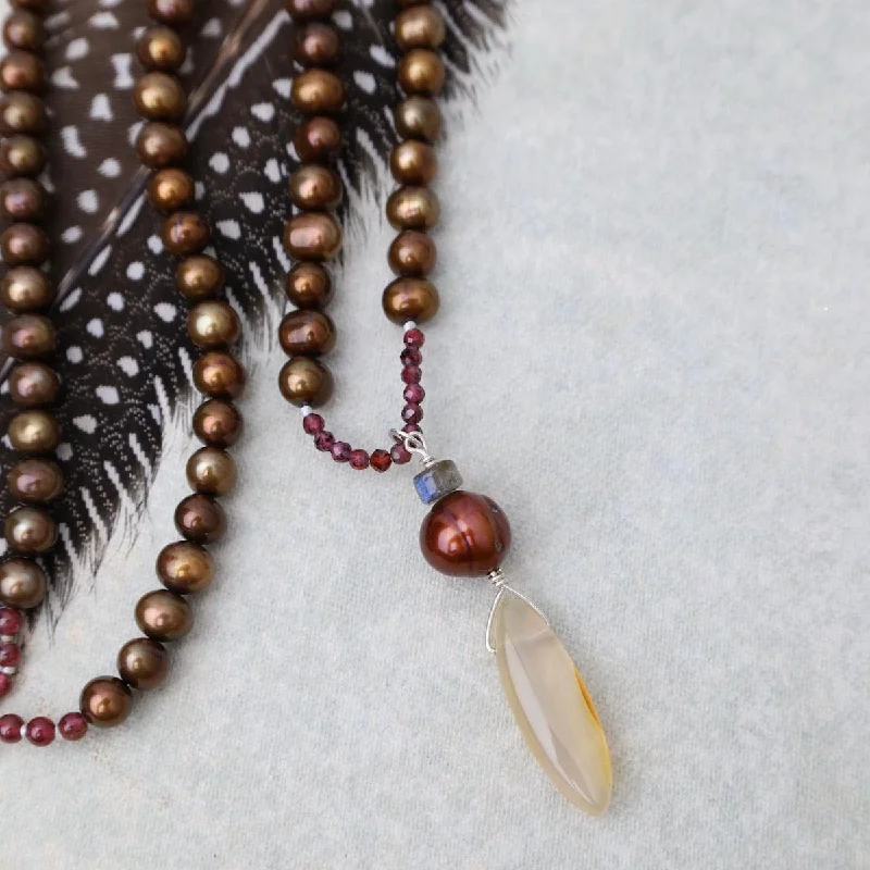 women's necklaces with dainty chain -Copper Pearl with Agate Drop Necklace