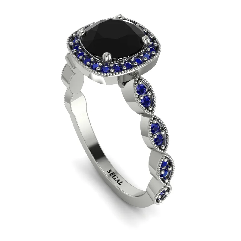 women's engagement rings with side stones -Vintage Inspired Black Diamond Halo Ring - Frances No. 69