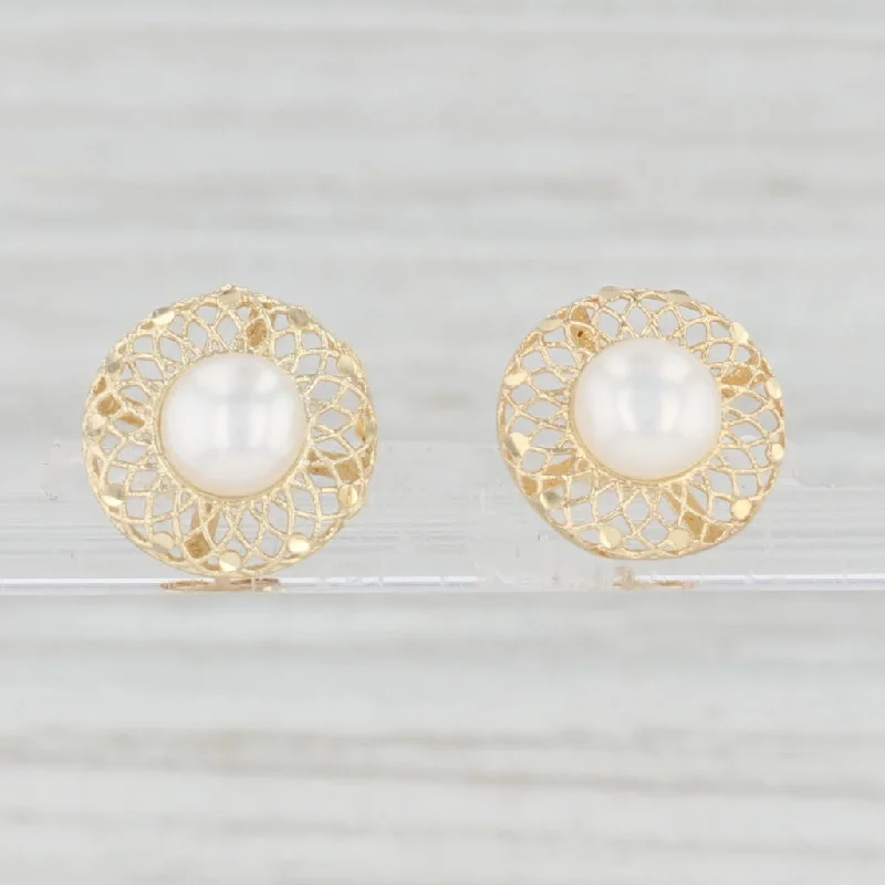 women's earrings gold -Freshwater Cultured Pearl Filigree Stud Earrings 14k Yellow Gold