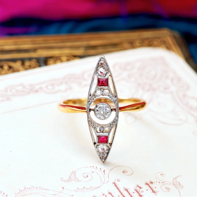 women's engagement rings with split shank -Antique Ruby & Diamond Marquise Dress Ring