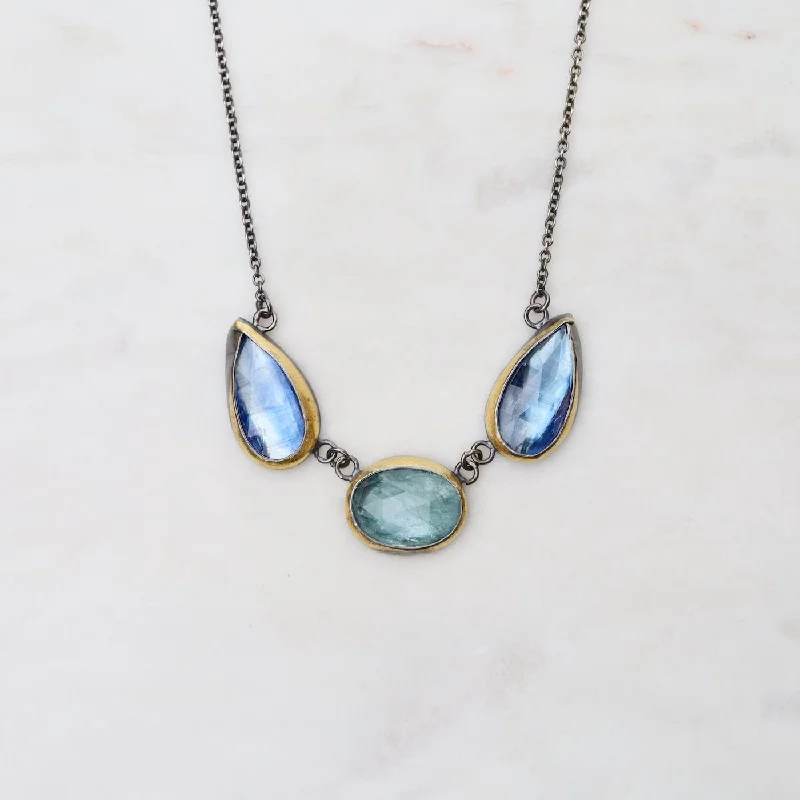 women's necklaces with statement gemstone -Sky Blue Kyanite 3 Stone Teardrop & Oval Crescent Rim Necklace