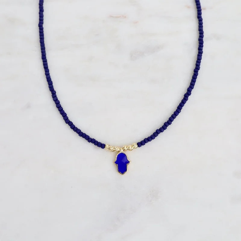 women's necklaces with polished gold pendant -Blue Beaded Necklace with Hamsa