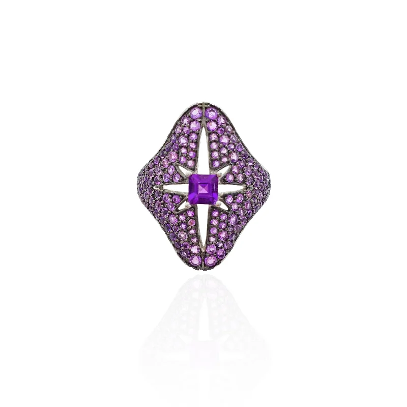 women's rings with unique pattern -Purple Starburst CZ Ring (Silver).