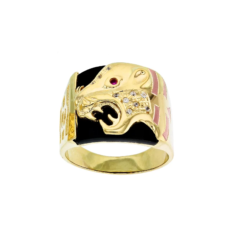 women's rings with double halo -Black Onyx Panther Men's Ring (14K)