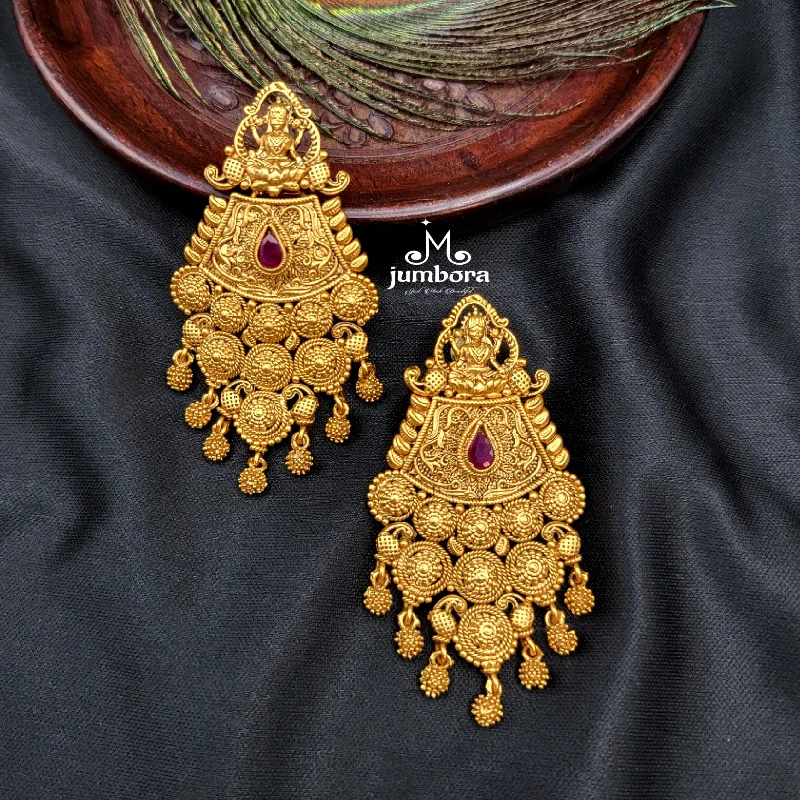 women's earrings with pearl -Gold Look Alike Long Lakshmi Earrings in Temple Jewelry