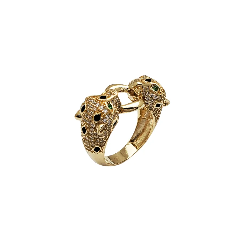 women's rings with vintage-inspired design -Stoneset Twin Leopard Head Ring (14K)