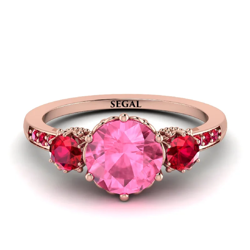 women's engagement rings with geometric shapes -Vintage 3 Stones Pink Moissanite Ring With Micro Pave - Luna No. 814