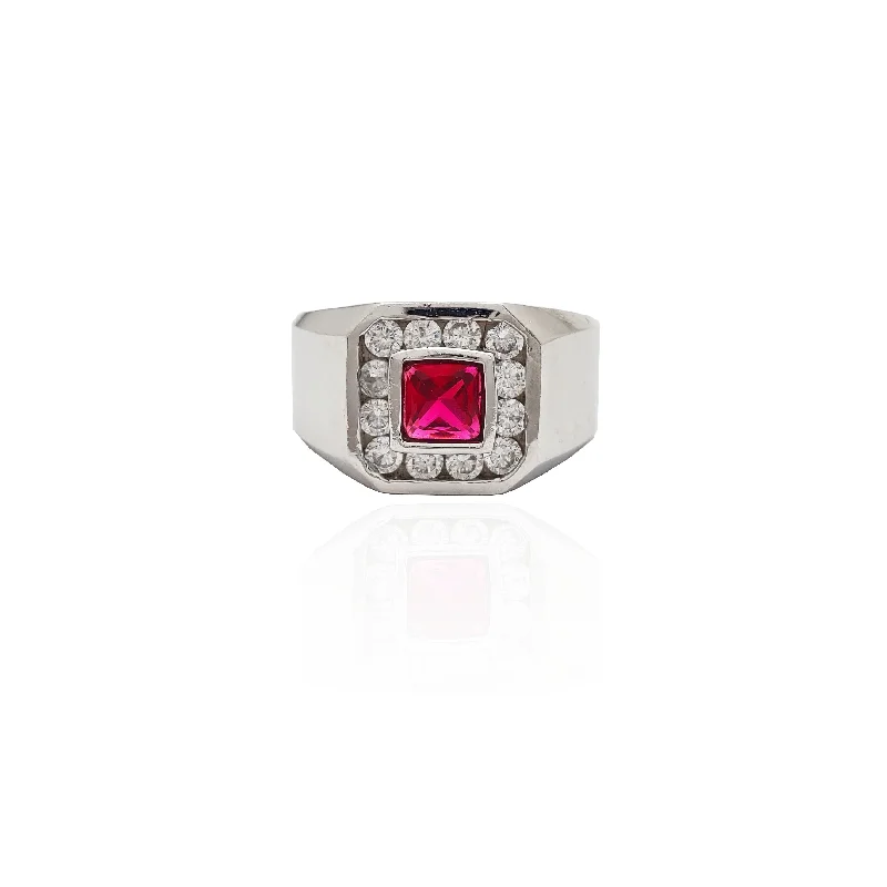 women's rings with ruby accent -Bezel Set Square Red Stone Halo CZ Ring (14K).