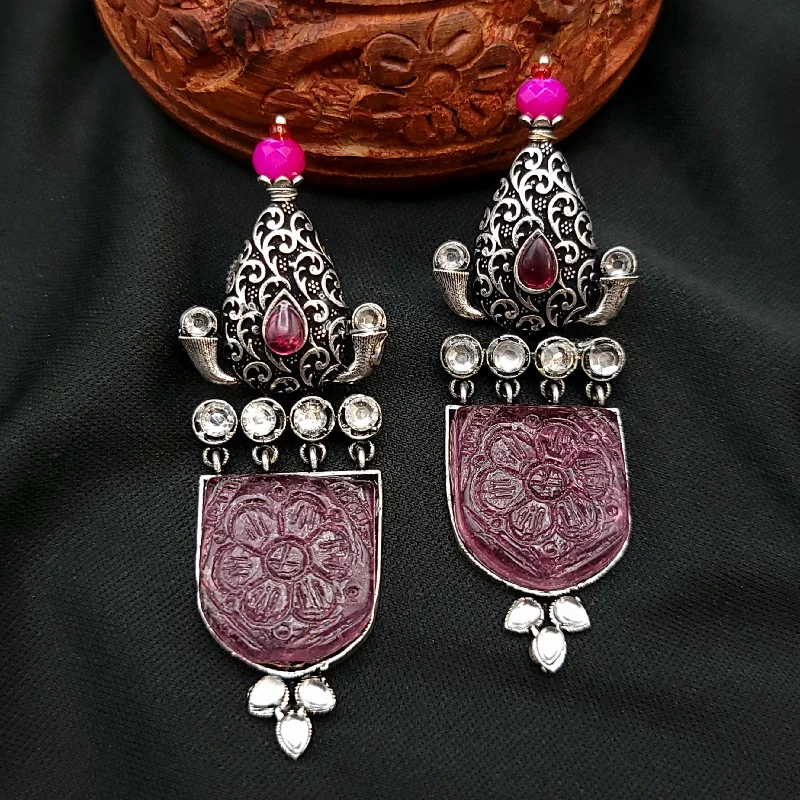 women's earrings with oval design -Carved Stone Oxidized German Silver Earrings