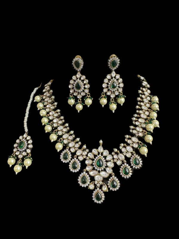 women's necklaces with subtle sparkle -BR303 High quality Polki necklace set with tika - green  ( READY TO SHIP )