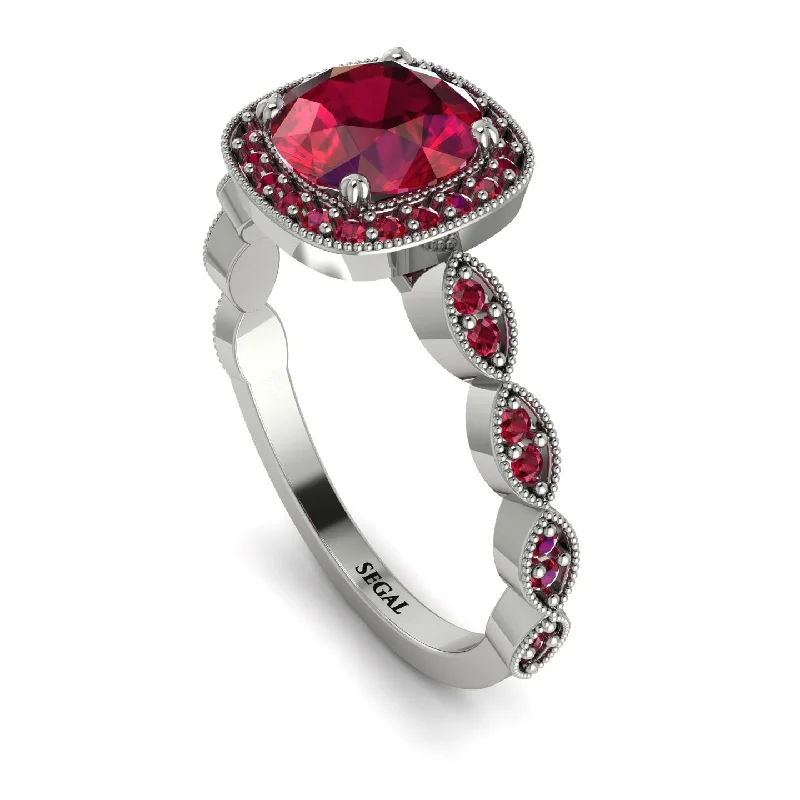 women's engagement rings with rose gold diamond -Vintage Inspired Ruby Halo Ring - Frances No. 57