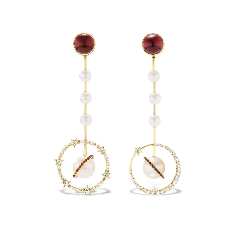 women's earrings with vintage style -PLANETARY PEARL AND GARNET EARRINGS