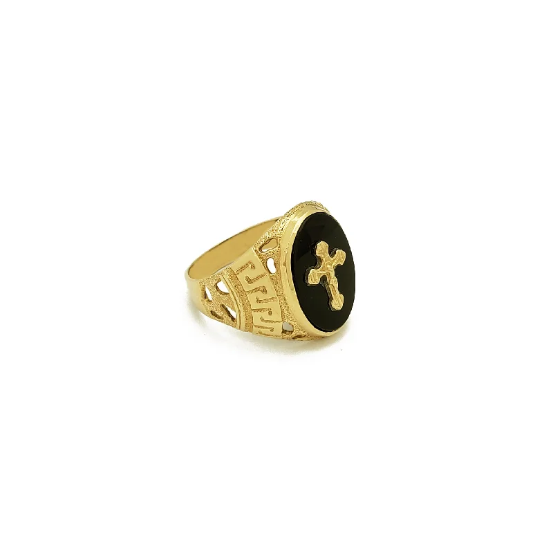 women's rings with vintage-inspired design -Greek-key Crucifix Black Onyx Ring (14K)