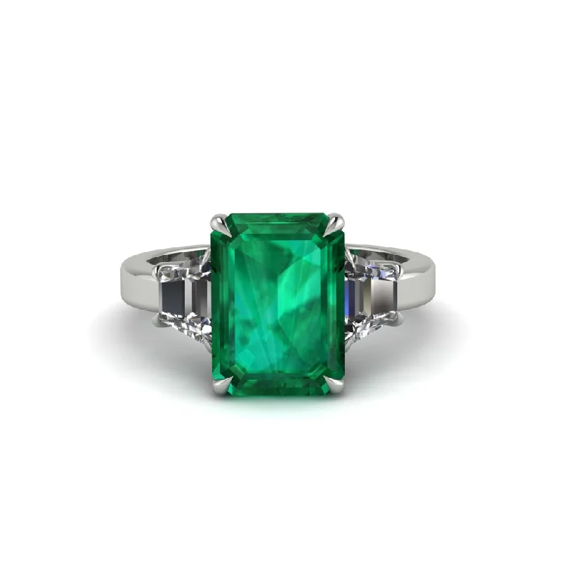 women's engagement rings with V-shaped band -Emerald Emerald Cut Three Stone Ring With Custom Baguette - Yvette No. 6