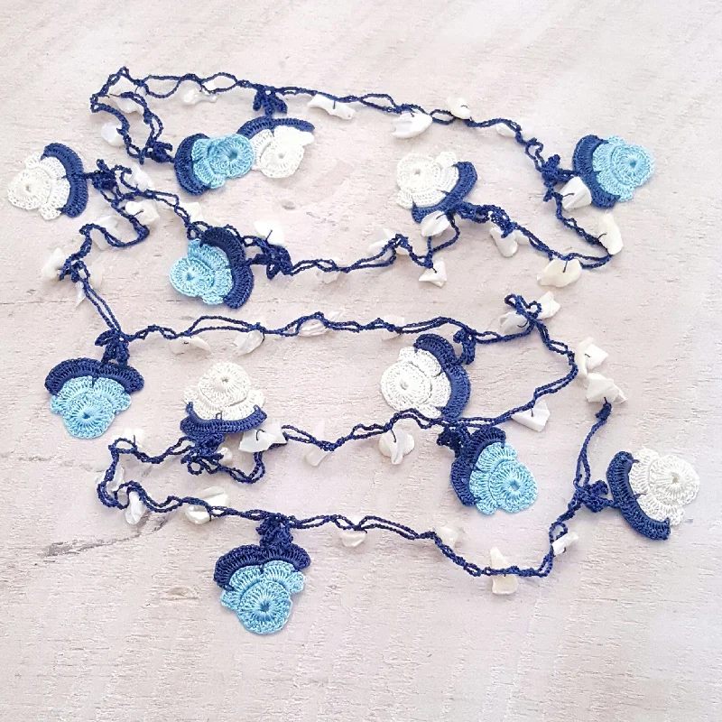 women's necklaces with classic look -White & Sky Blue Crocheted Lariat Necklace