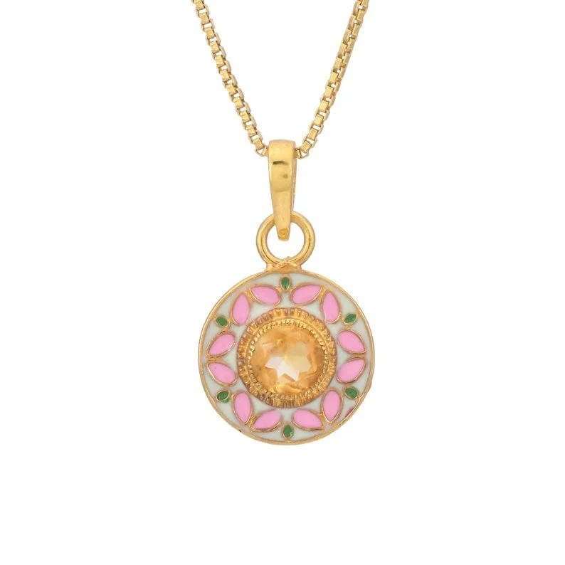 women's necklaces with ruby -Pink Enamel & Citrine Pendant Necklace