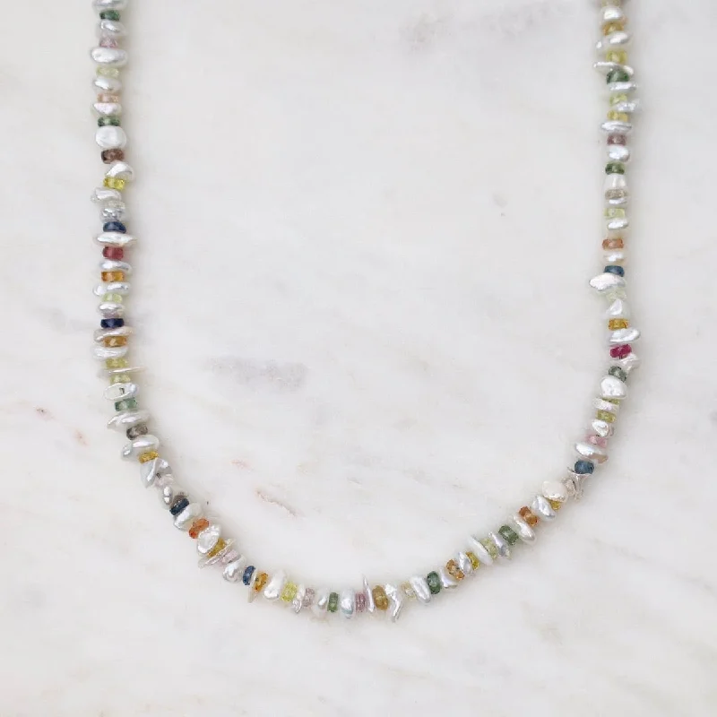 women's necklaces with diamond pendant -White Pearl & Multi-Color Sapphire Necklace