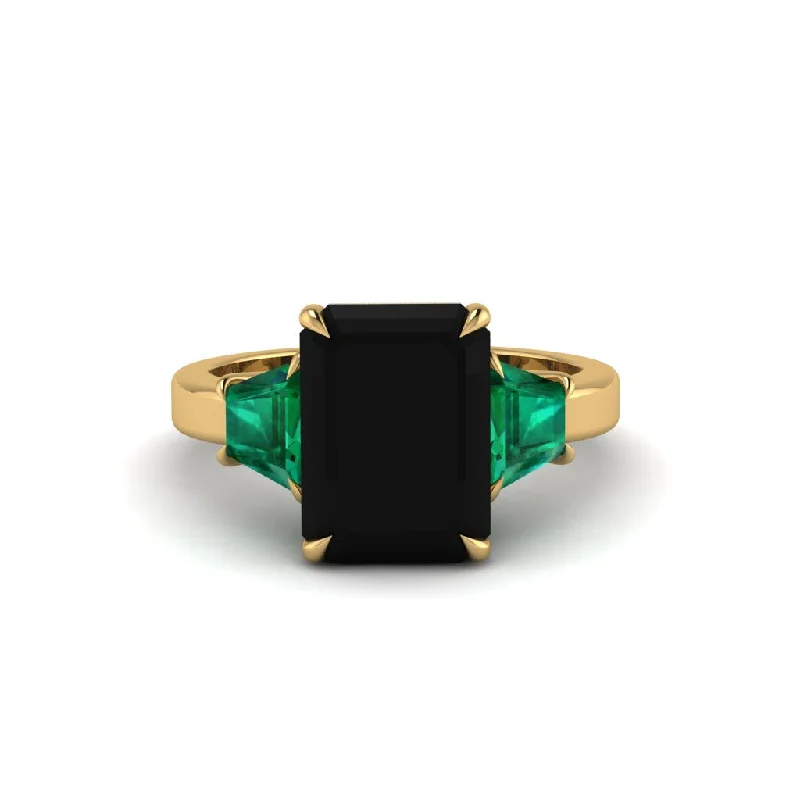 women's engagement rings with four-prong setting -Black Diamond Emerald Cut Three Stone Ring With Custom Baguette - Yvette No. 22