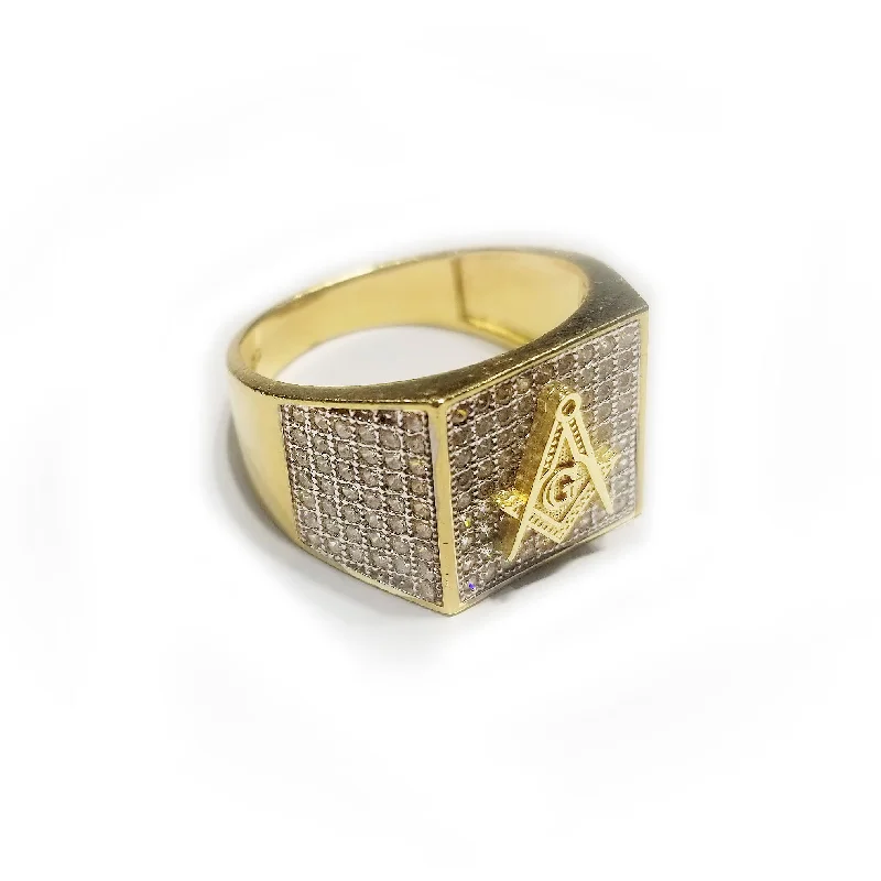 women's rings with diamond pave -Iced-Out Square Signet Masonic Ring (14K)