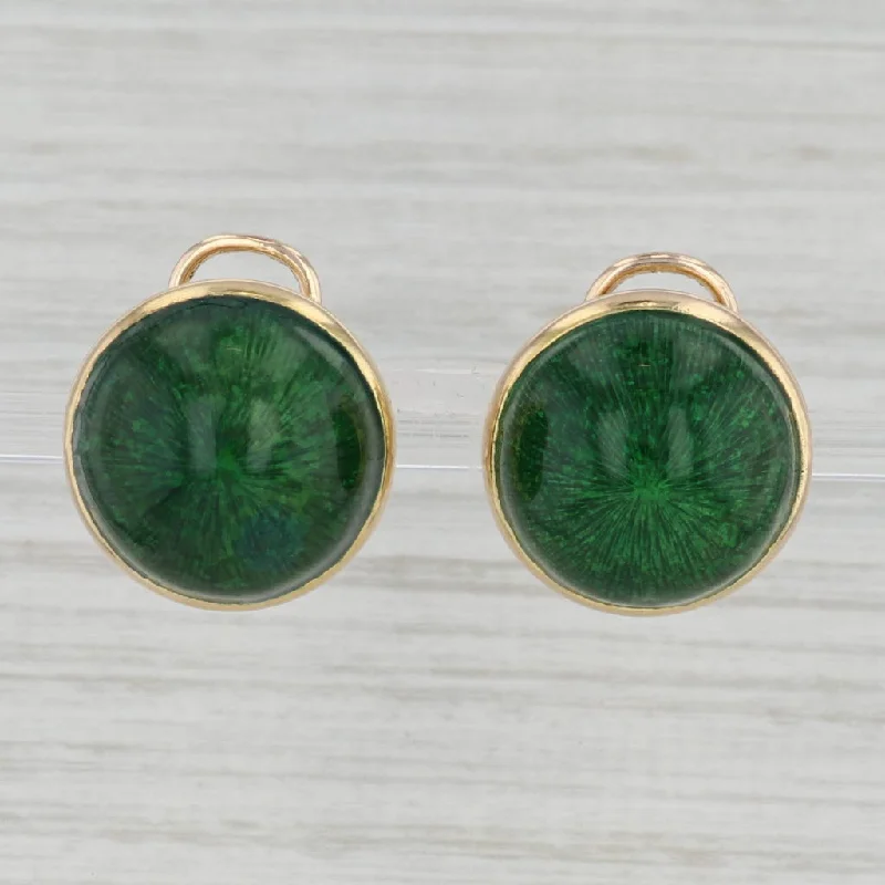 women's earrings with emerald -Green Enamel Button Earrings 14k Yellow Gold Clip On Omega Backs