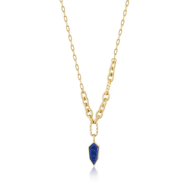 women's necklaces with wire wrap pendant -Gold Lapis Emblem Pendant Necklace