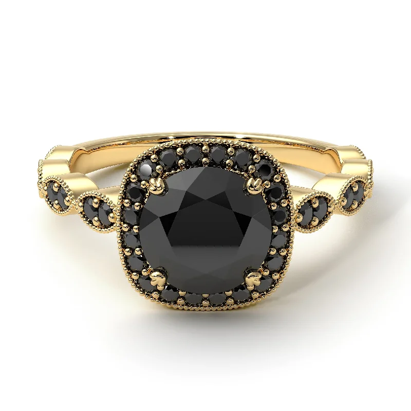 women's engagement rings with round halo -Vintage Inspired Black Diamond Halo Ring - Frances No. 37