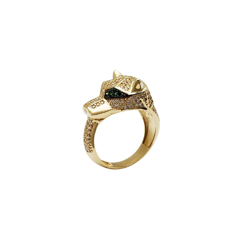 women's rings with gemstone surround -Iced-Out Green-Eyed Panther Ring (14K)