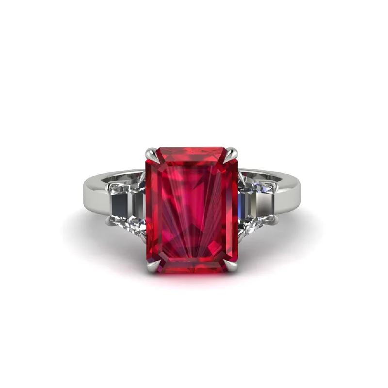 women's engagement rings with asymmetrical style -Ruby Emerald Cut Three Stone Ring With Custom Baguette - Yvette No. 12