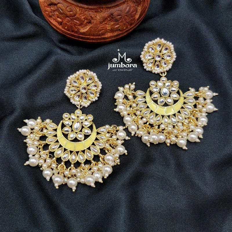 women's earrings diamond -Yellow Handpainted Kundan Meenakari Pearl Earrings