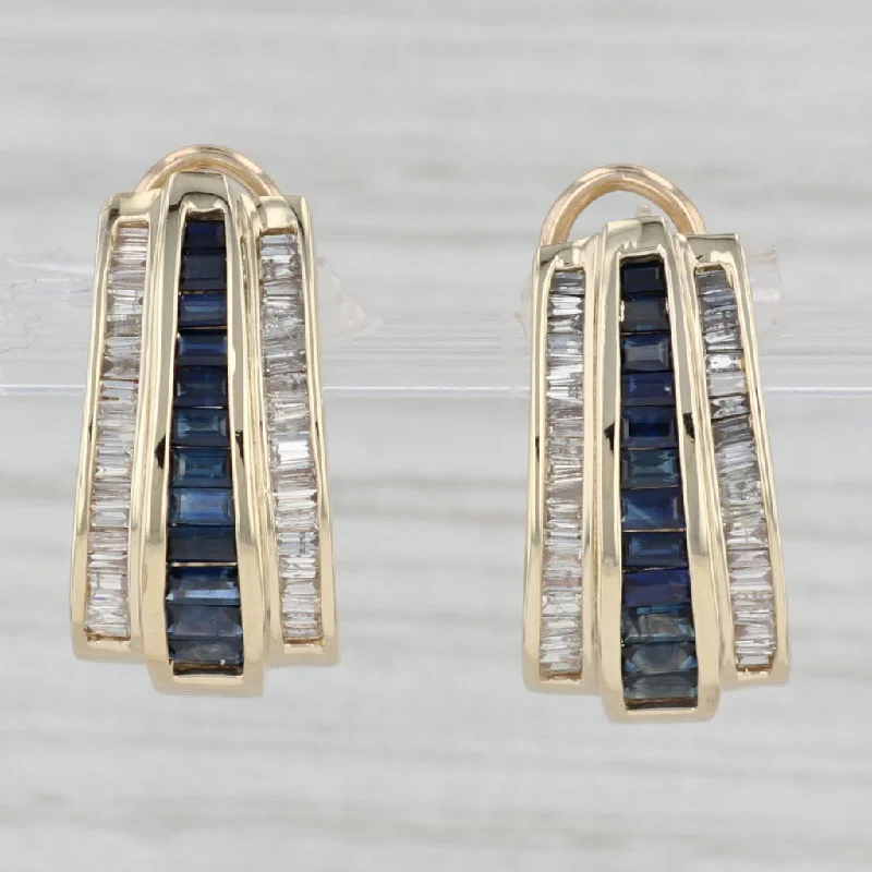 women's earrings with fancy hoop design -3ctw Blue Sapphire Diamond J-Hook Earrings 14k Yellow Gold Pierced Omega Backs