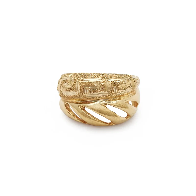 women's rings with twist band -Textured Greek-Key & Stripes Split Dome Ring (14K)