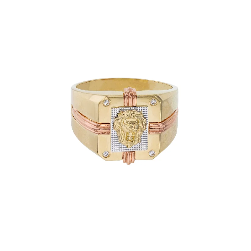 women's rings with double halo -Tri-Color Lion Head Ring (14K)