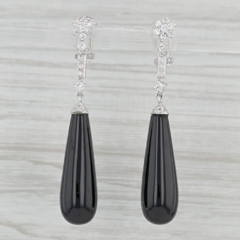 women's earrings with classic hoop -Diamond Black Glass Drop Dangle Earrings 14k White Gold Pierced Omega Backs