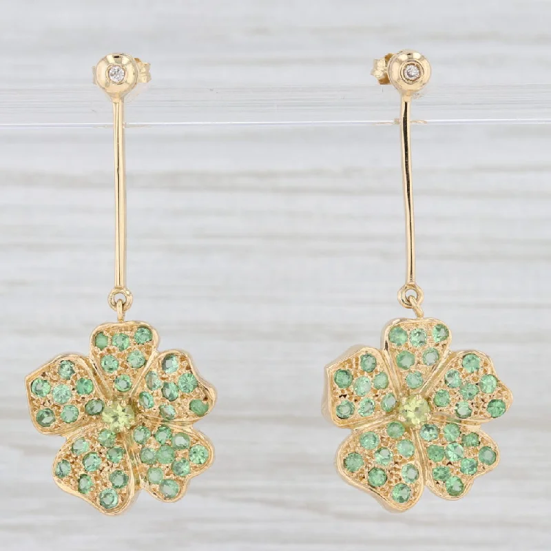 women's earrings with teardrop gemstone -2.37ctw Tsavorite Peridot Diamond 4-Leaf-Clover Dangle Earrings 18k Yellow Gold