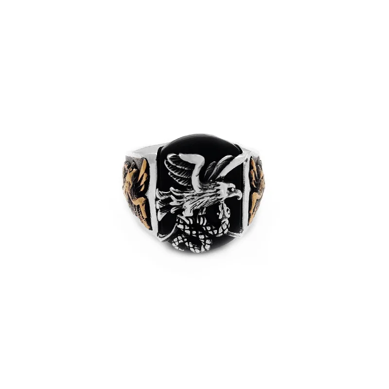 women's rings with emerald accent -Black Onyx Eagle & Snake Ring (Silver)